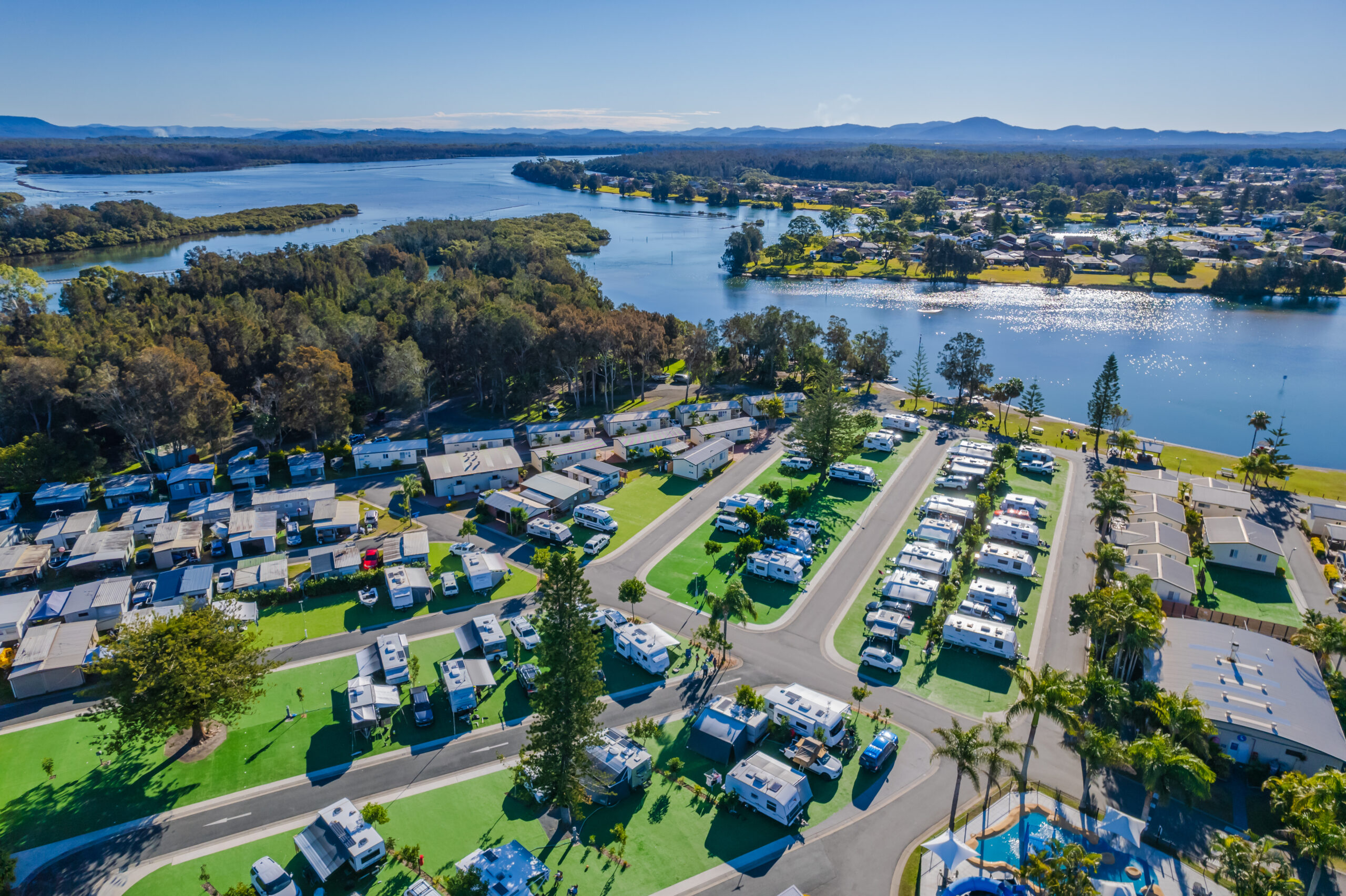 Forster-Tuncurry, NSW, Australia - June 14 2021 : Aerial view over BIG4 Great Lakes Holiday Park at Tuncurry